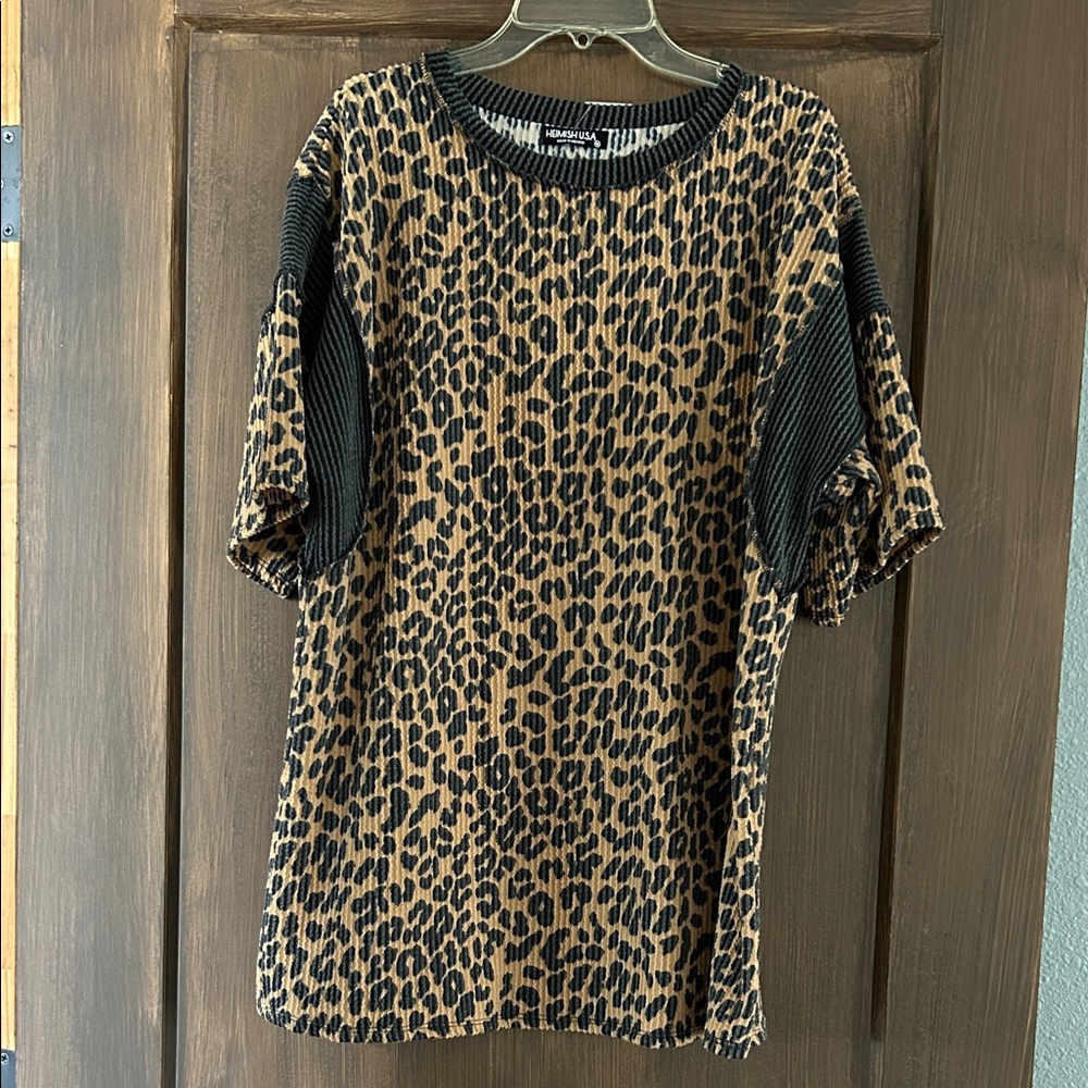 Leopard Print Ribbed Short-Sleeve Top - Brown/Black